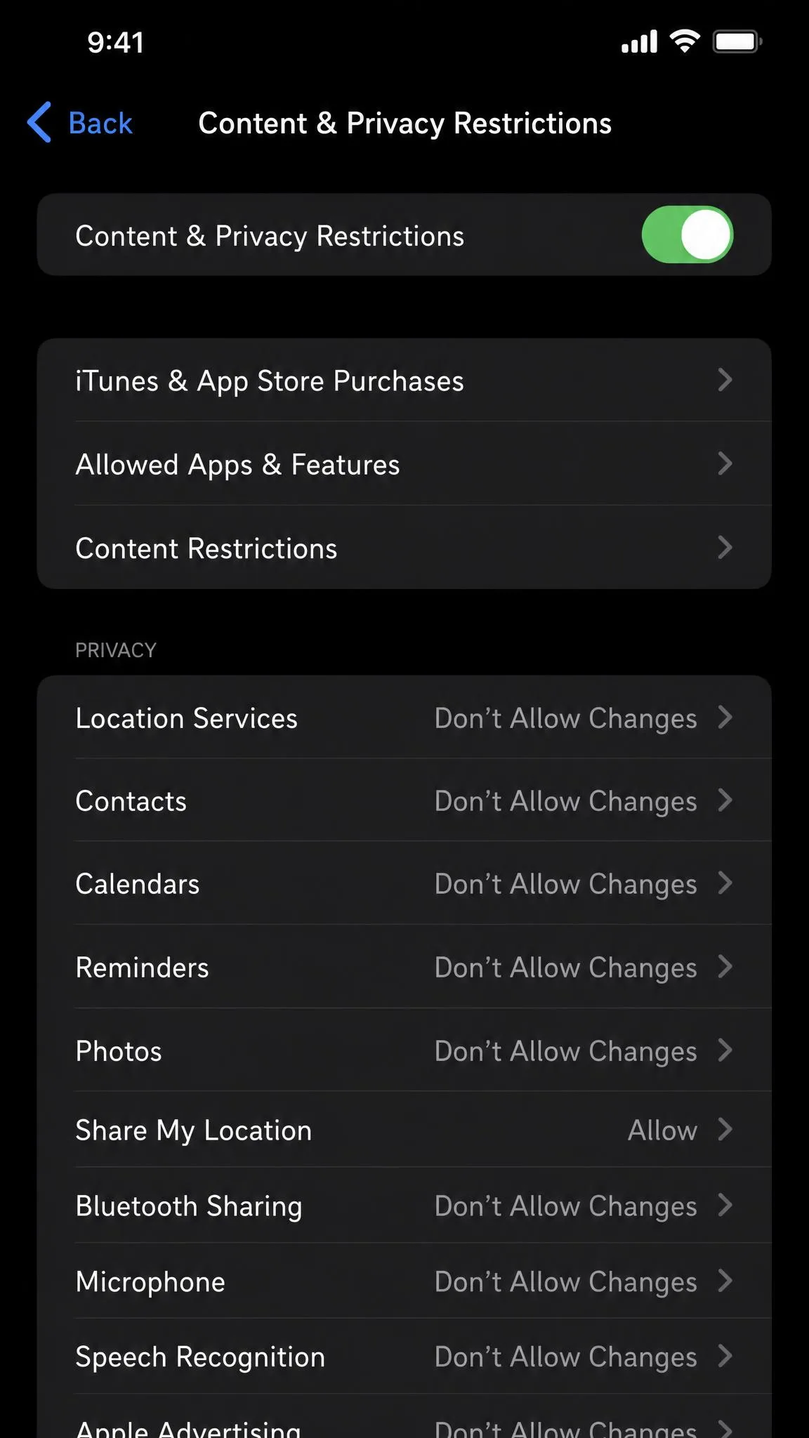 The Location Services row inside Content and Privacy Restrictions on an iPhone, set to Don't Allow Changes with Share My Location still enabled.