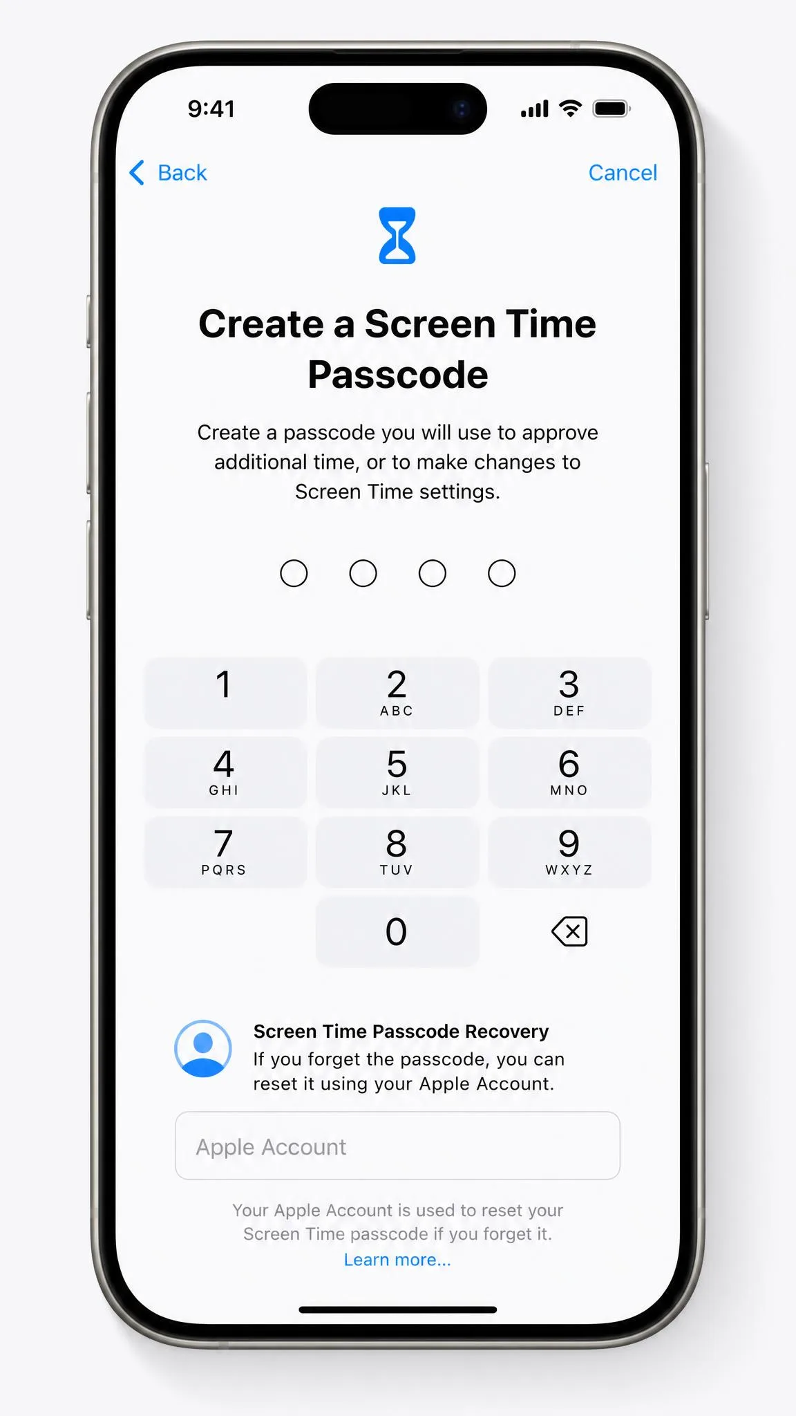 An iPhone prompting for a four-digit Screen Time passcode during setup, with the recovery Apple Account field visible below the keypad.