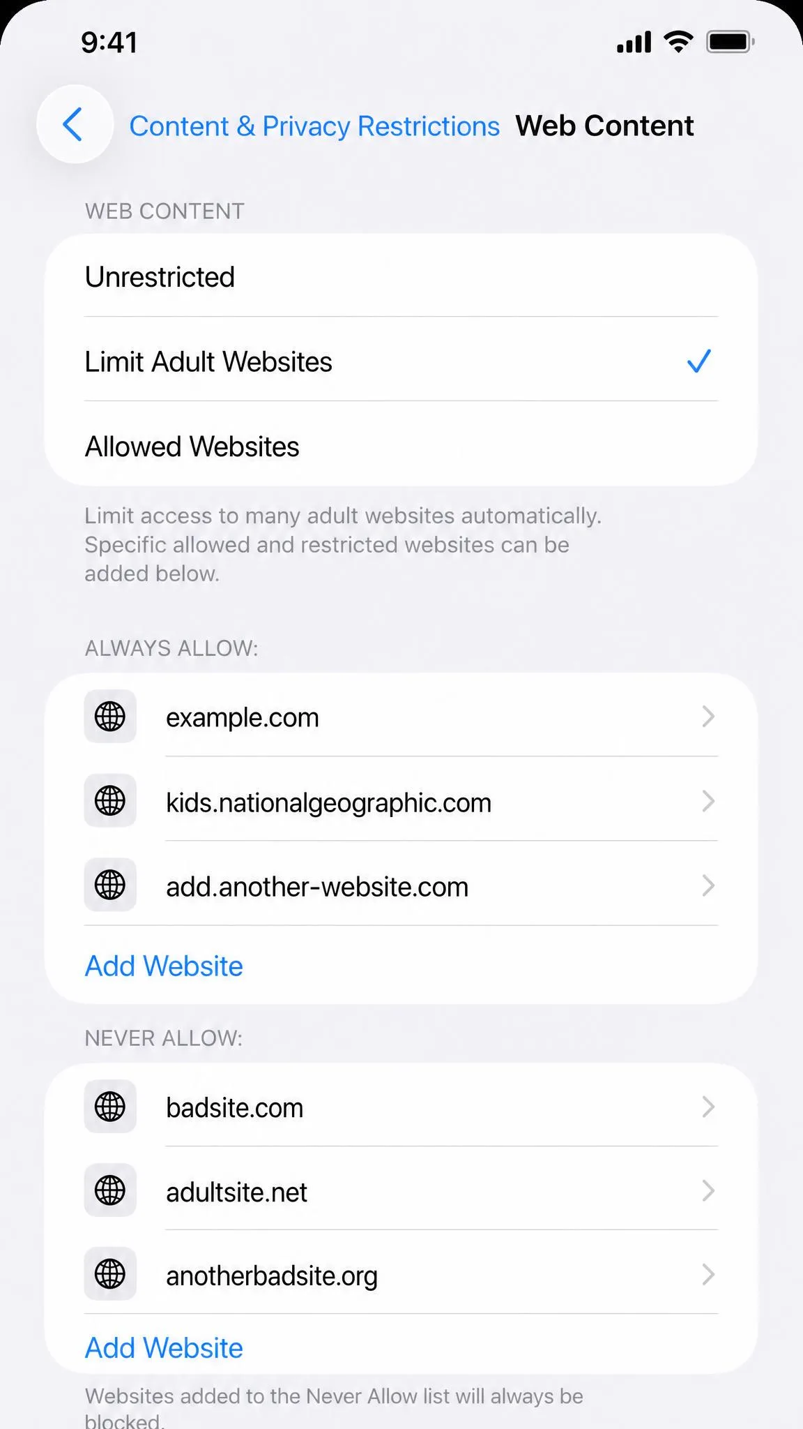 The Web Content settings screen on iOS 26 with Limit Adult Websites selected and the Always Allow and Never Allow lists shown underneath.
