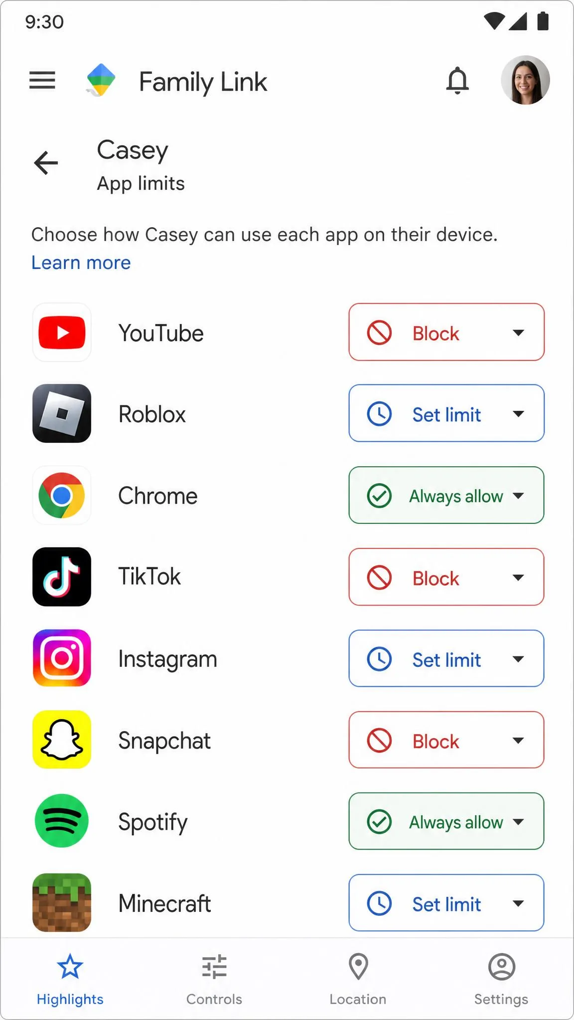 The Google Family Link parent app screen showing per-app choices of Block, Set limit, or Always allow for a child's device.