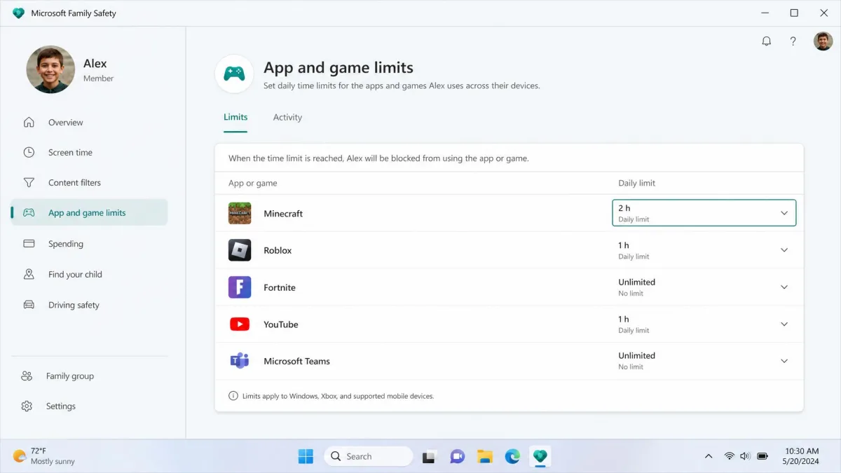 The Microsoft Family Safety dashboard on a Windows PC showing a child's app and game limit list with a two-hour daily limit set on a game.