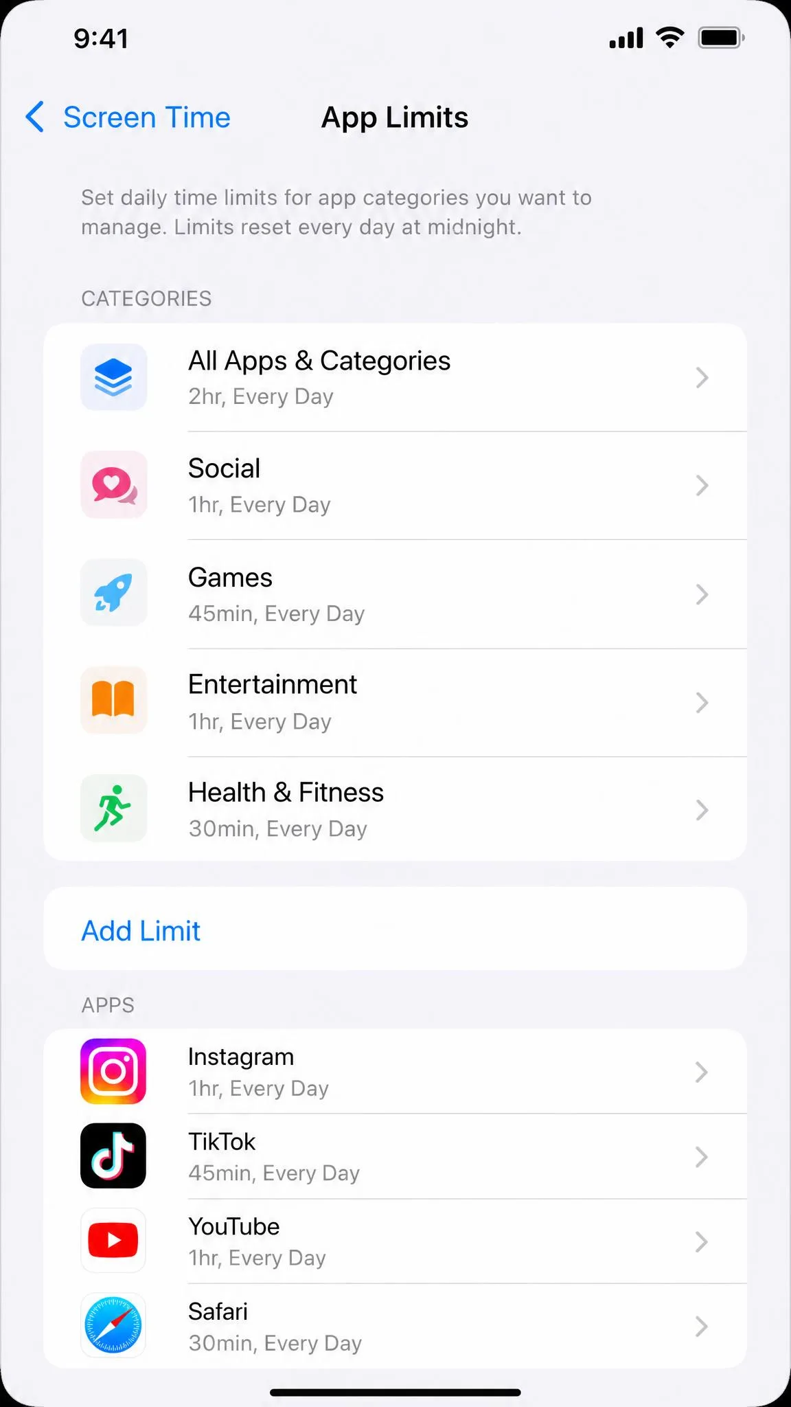 The Screen Time App Limits screen on an iPhone showing the Add Limit button, with category cards above a list of individual apps.