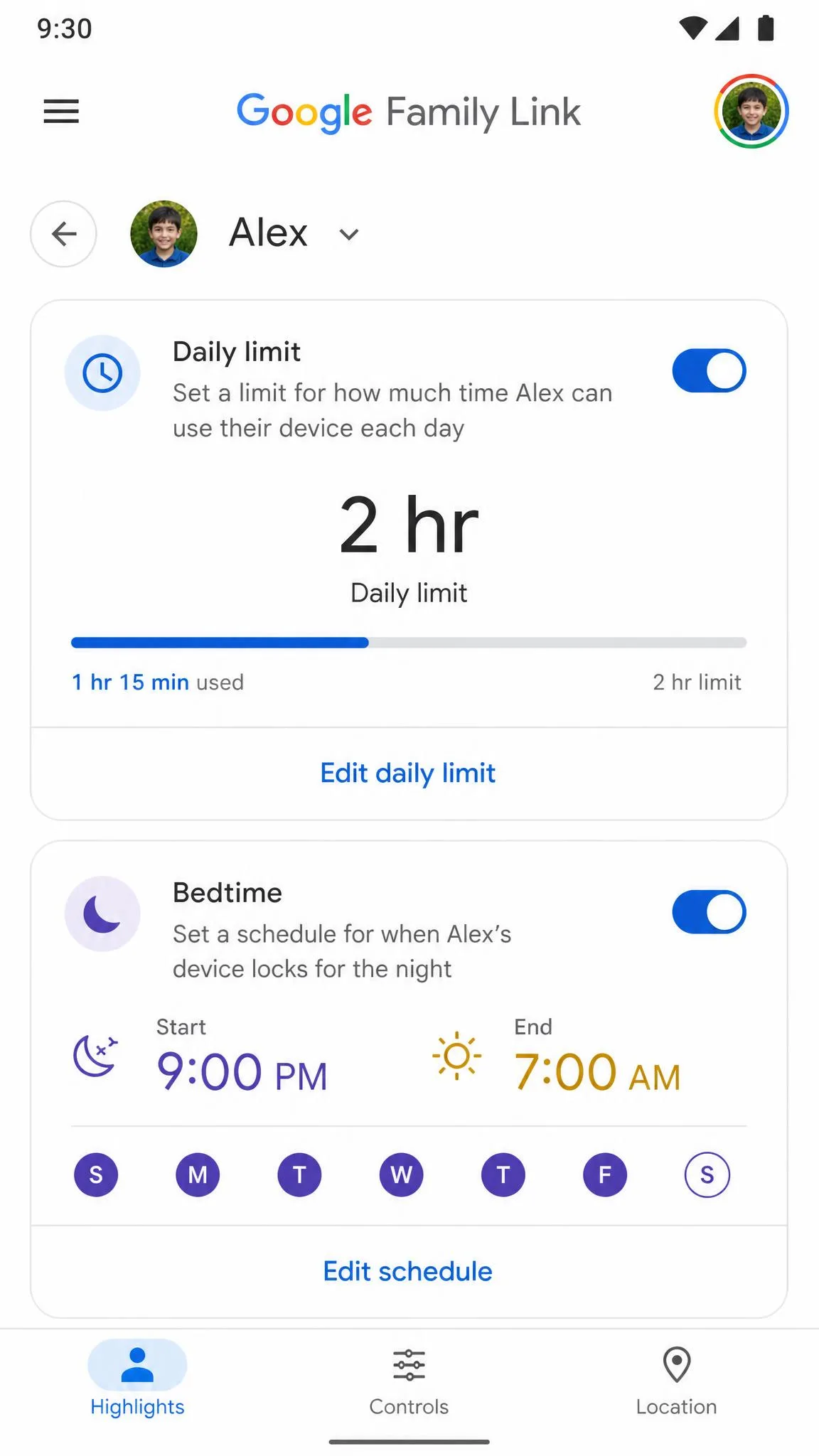 Google Family Link app screen with a daily screen time limit set and a bedtime schedule below.
