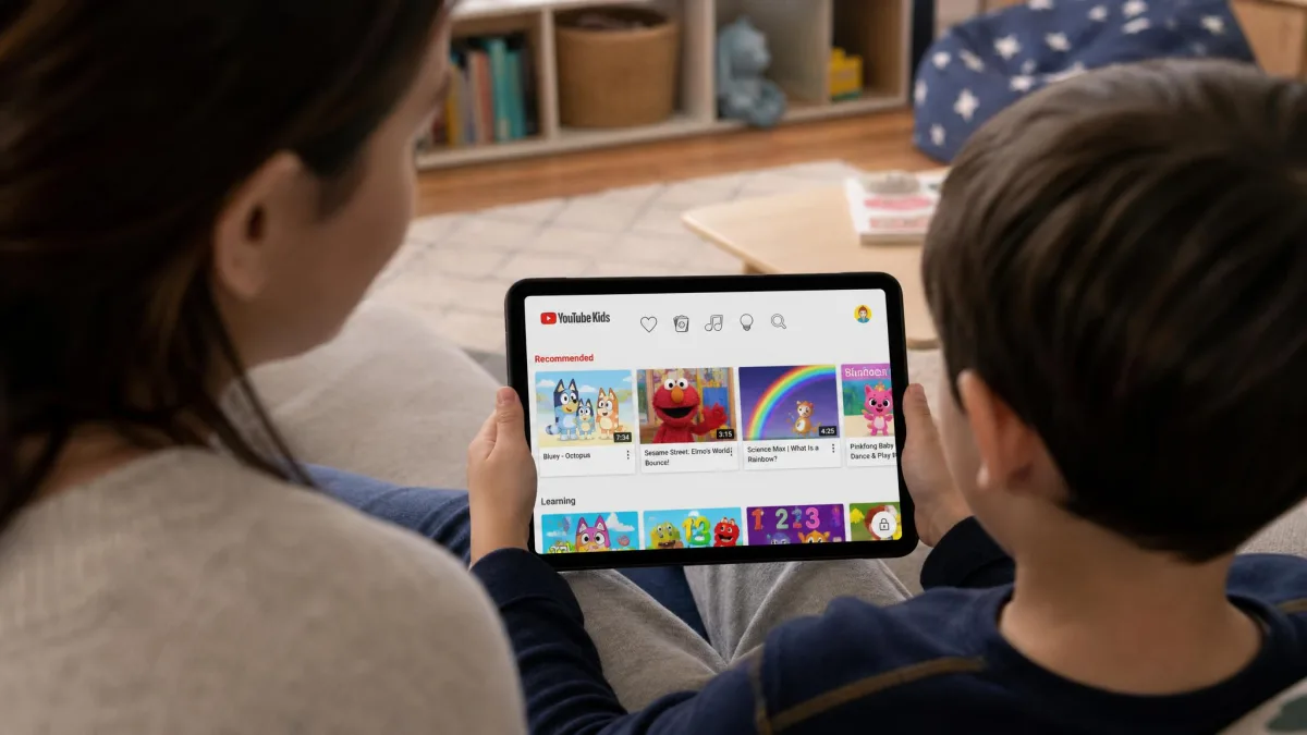 An over the shoulder shot of a parent beside a young child holding a tablet with the YouTube Kids app open at home.