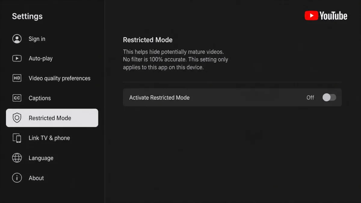 YouTube app Settings menu on a smart TV with the Restricted Mode option highlighted in the left column.