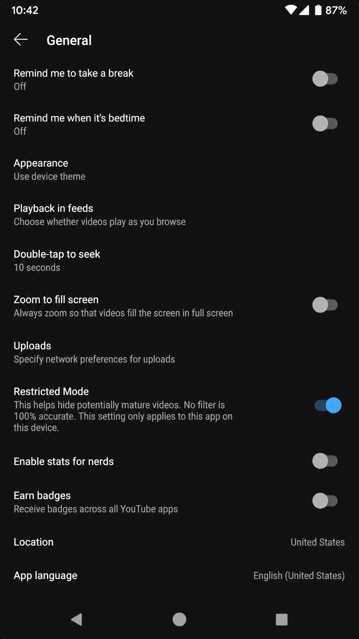 YouTube app Settings screen on an Android phone showing the General menu with Restricted Mode switched on.