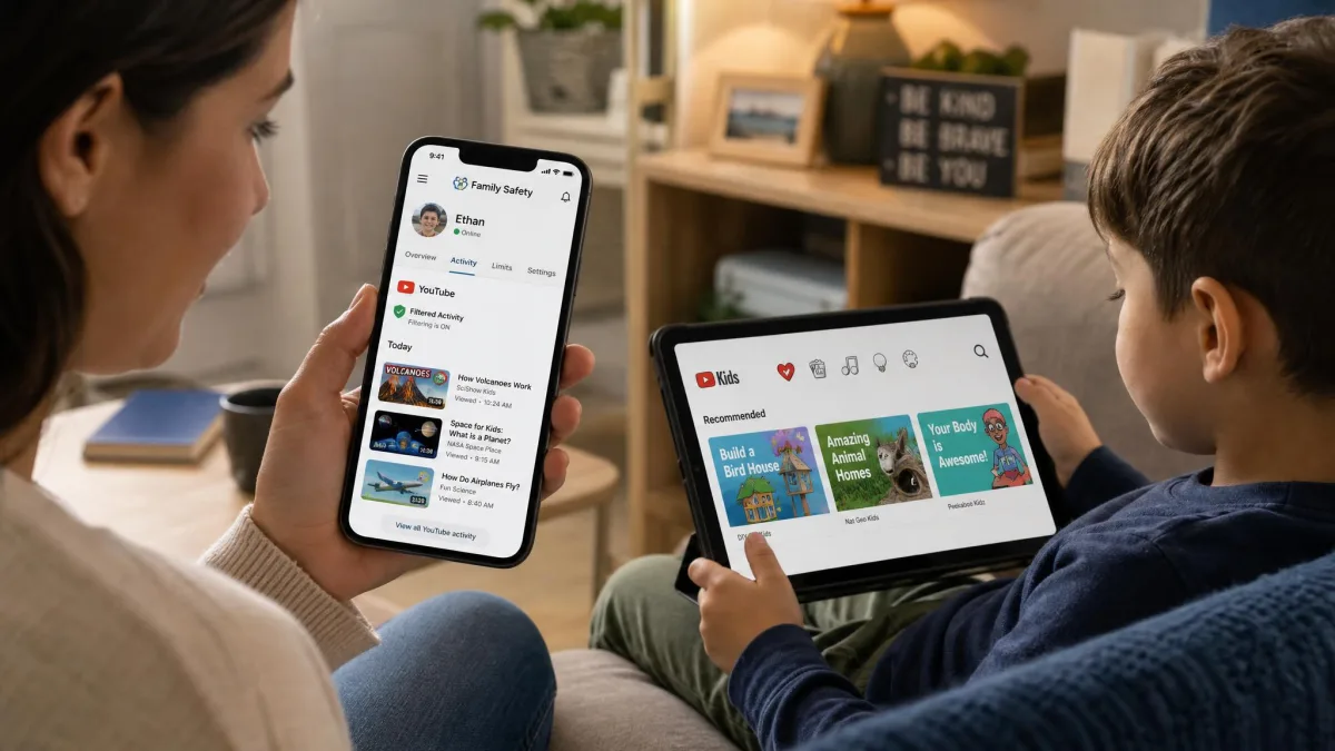 A parent checking a family safety app on their phone beside a child using a tablet, with the app showing filtered YouTube activity.