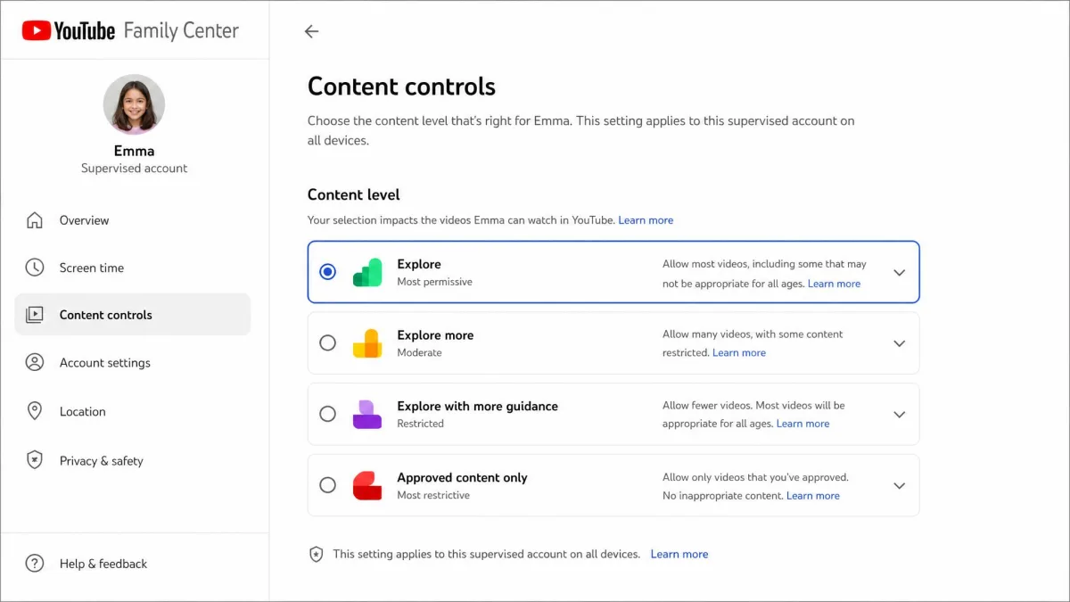 YouTube Family Center screen showing the content level options for a supervised account.