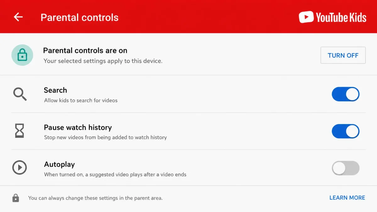 YouTube Kids parental controls screen with switches for Search, Pause watch history, and Autoplay.
