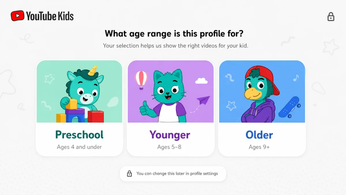 YouTube Kids profile setup screen showing the Preschool, Younger, and Older age tier choices.