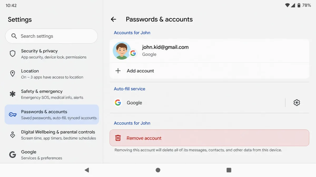 Android Settings screen showing Passwords & accounts with the child's Google account selected and the Remove account option highlighted.