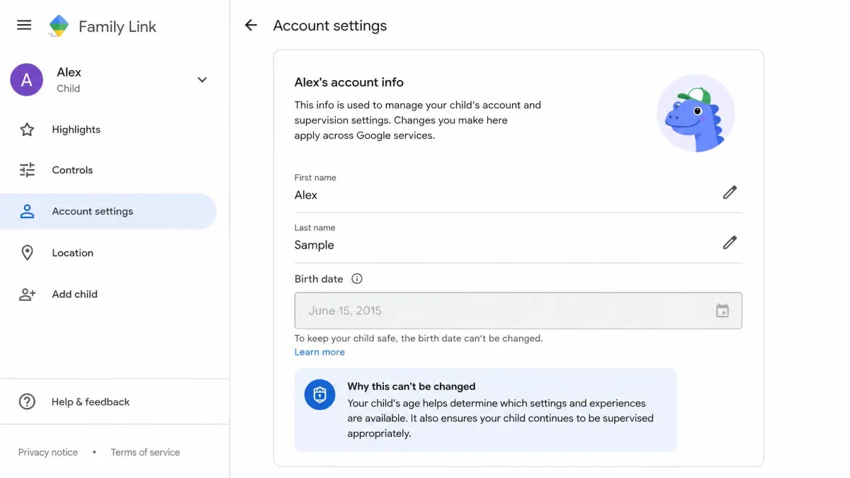Family Link account settings screen showing the child's birth date field greyed out, illustrating why editing it to unlock supervision is blocked.