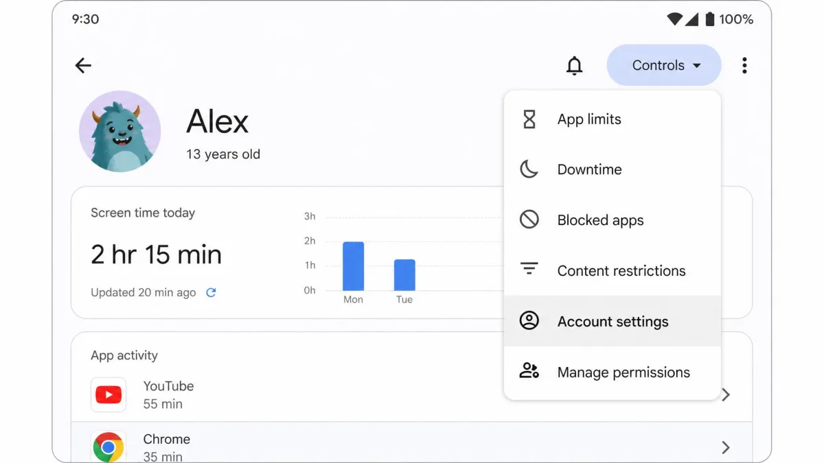Family Link app's child profile screen with the Controls menu open, showing Account settings among the options.
