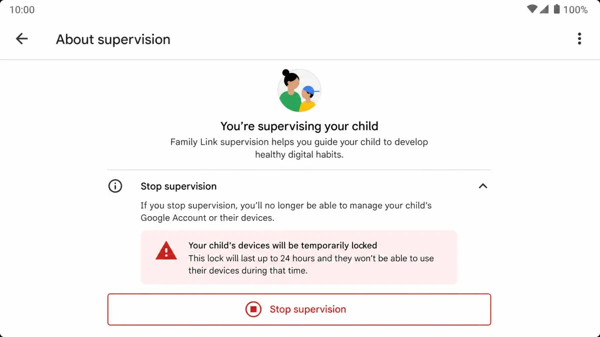Family Link's About supervision screen with the Stop supervision button and a warning that the child's devices will be temporarily locked.