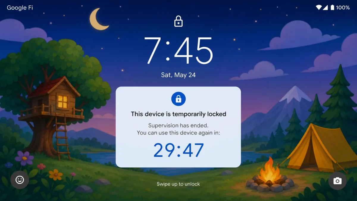 Child's Android lock screen showing the temporary lock message with a countdown after supervision ends.