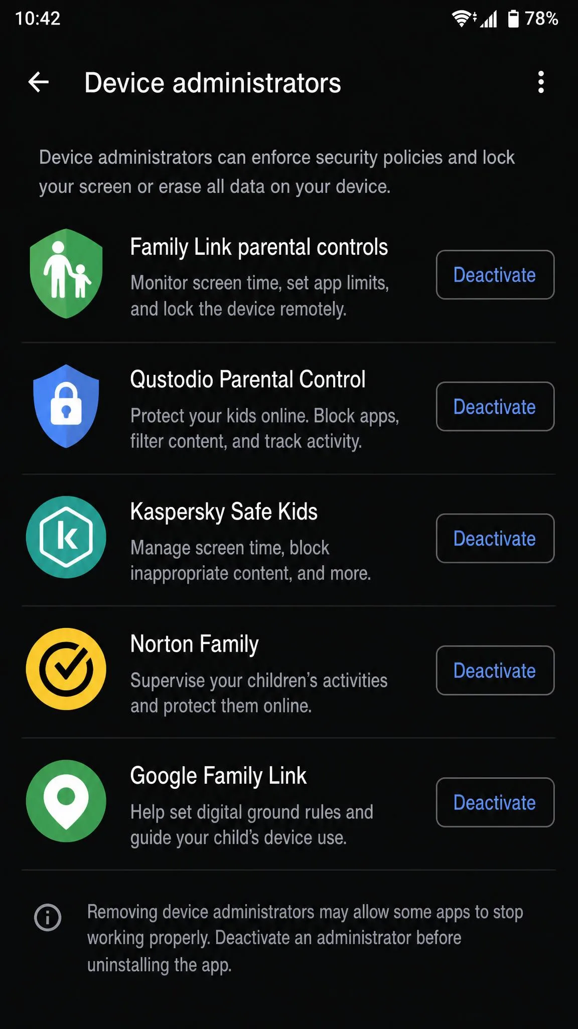 The Android Device administrators settings screen listing parental control apps with their Deactivate buttons.
