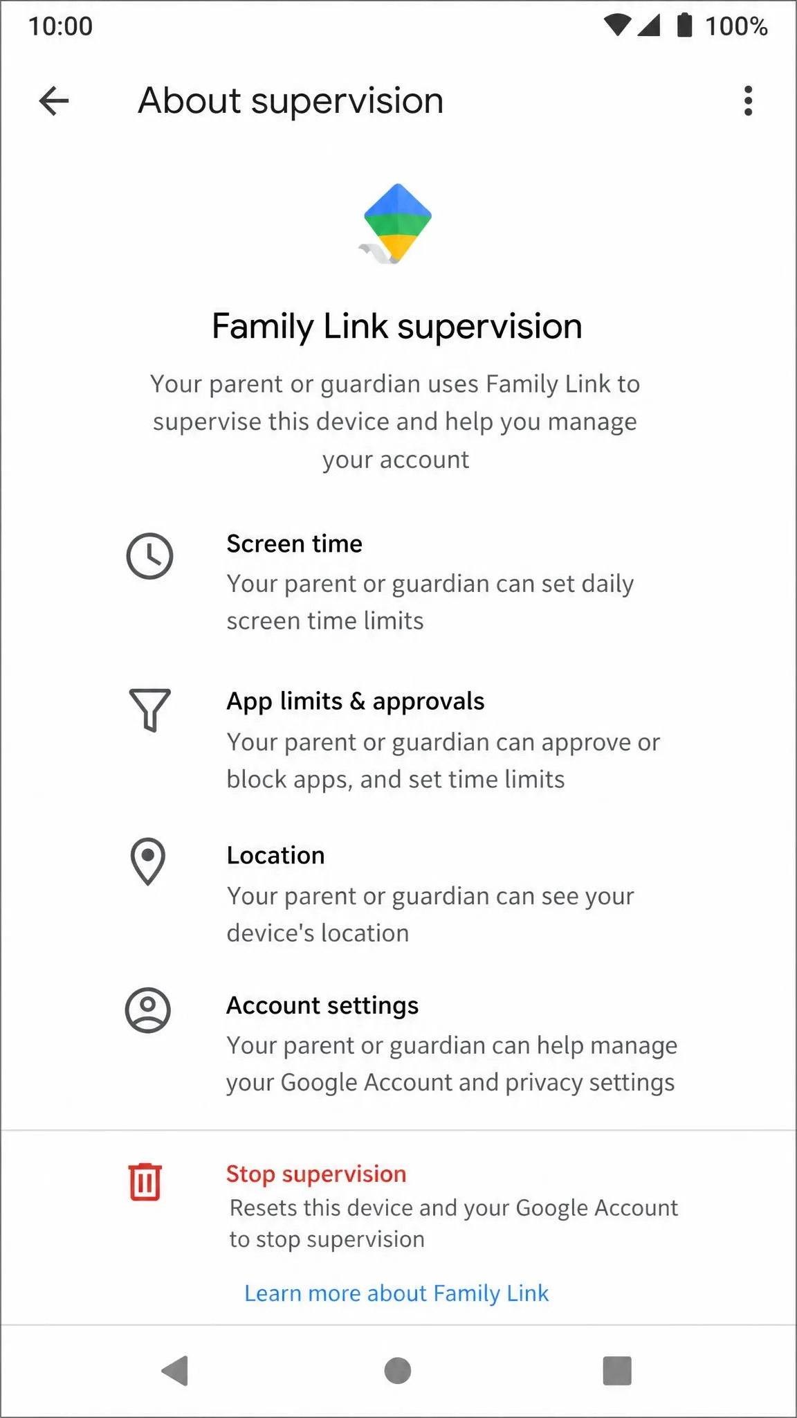 The Family Link app's About supervision screen on Android showing the Stop supervision option.