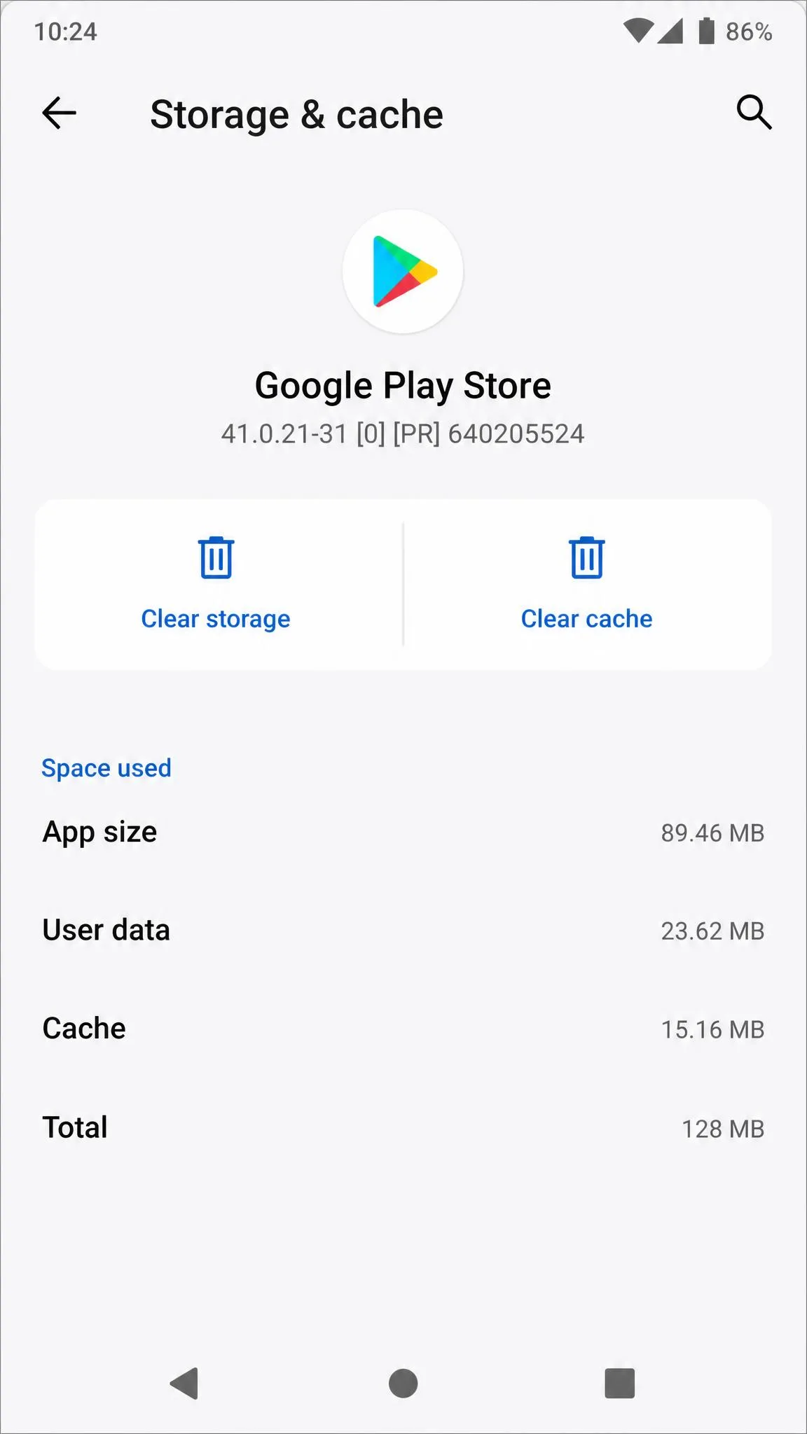 The Google Play Store app info page on Android with the Storage & cache section open and the Clear storage button visible.
