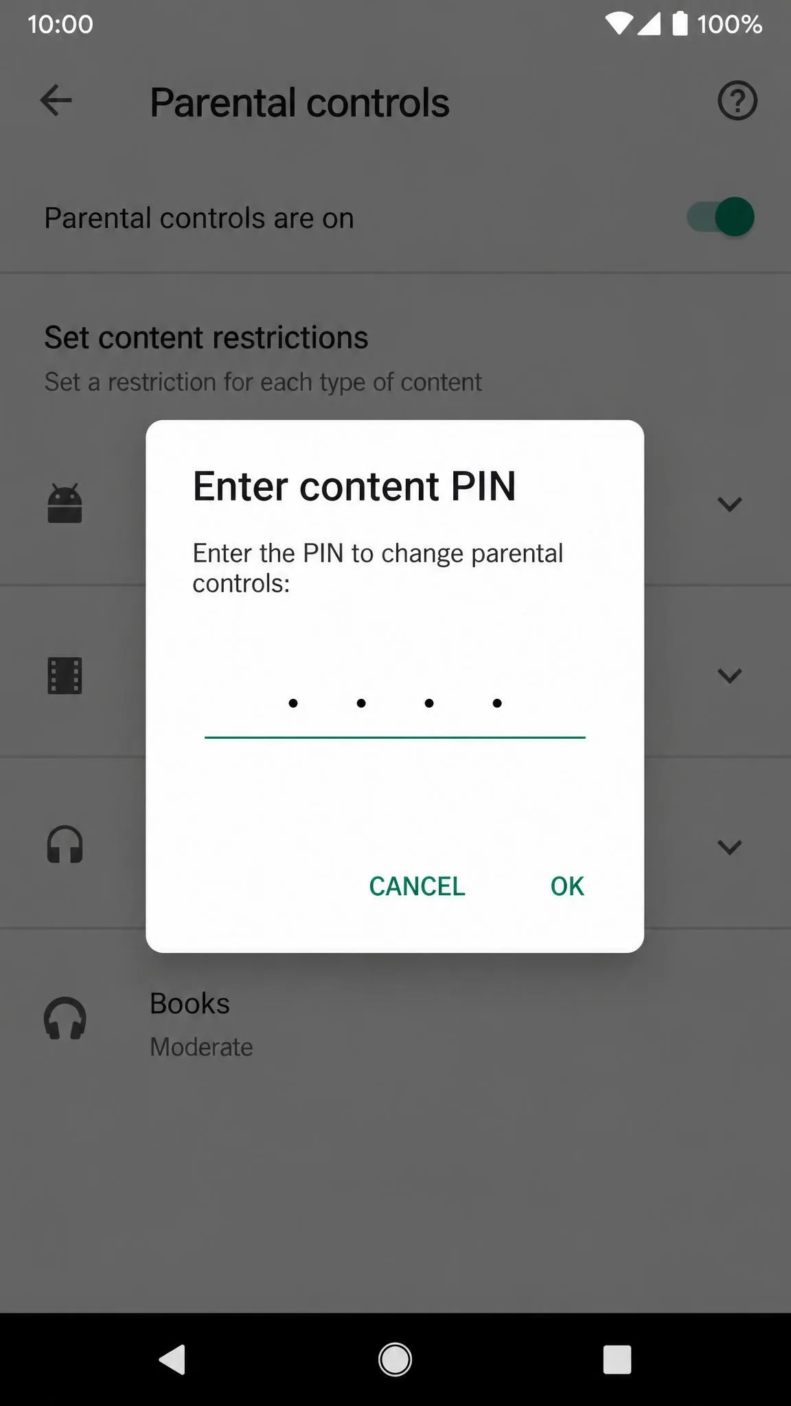 The Google Play Store parental controls screen on Android showing content filters for apps, games, and movies behind a PIN prompt.