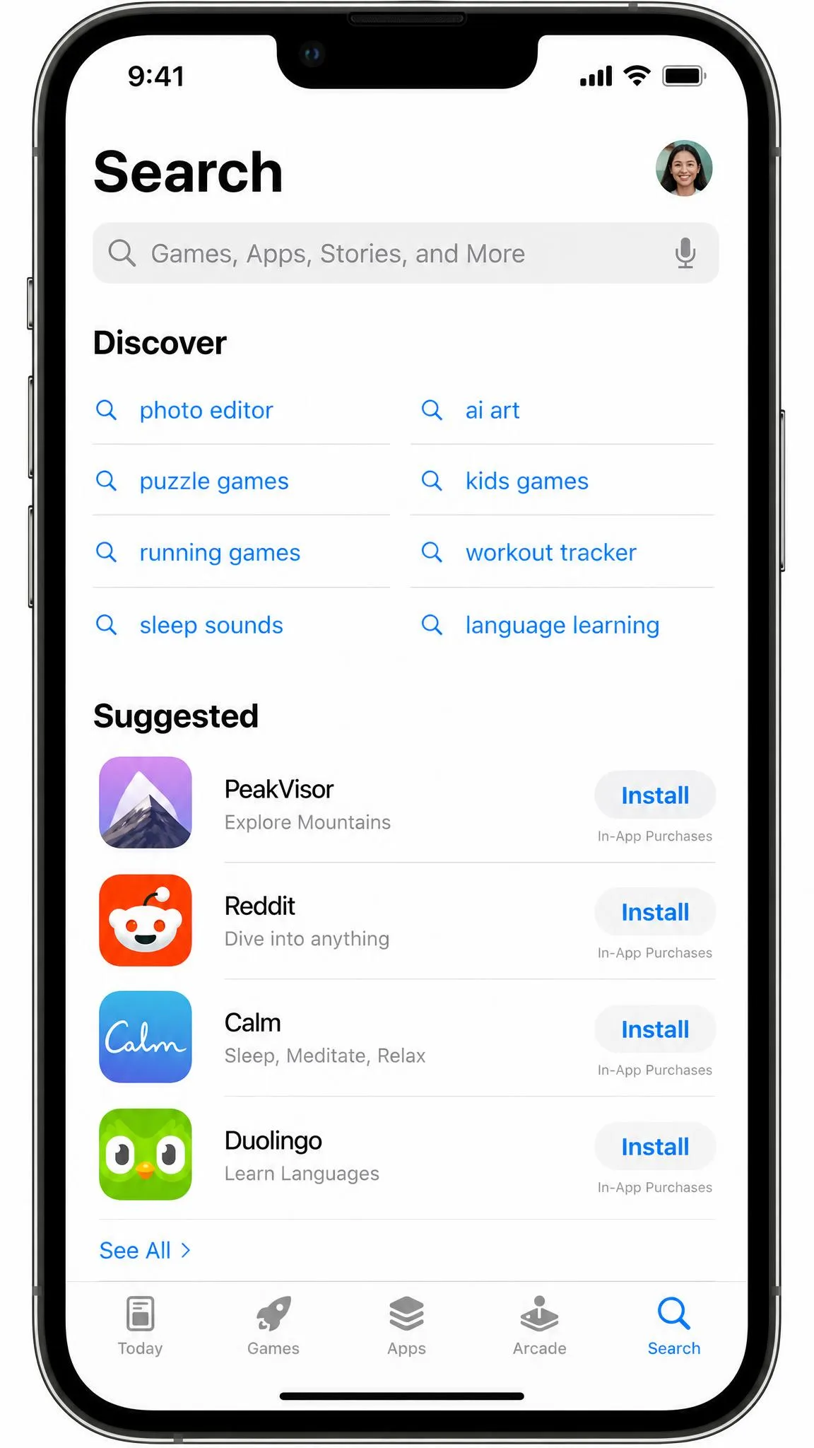 The App Store search screen on an iPhone showing the Install buttons enabled for apps, with no pending approval prompts or purchase restrictions visible.