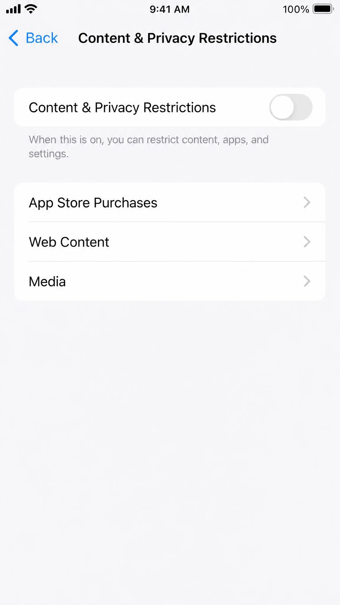 The Content & Privacy Restrictions main screen with the master toggle in the off position and the App Store Purchases, Web Content, and Media categories listed underneath.
