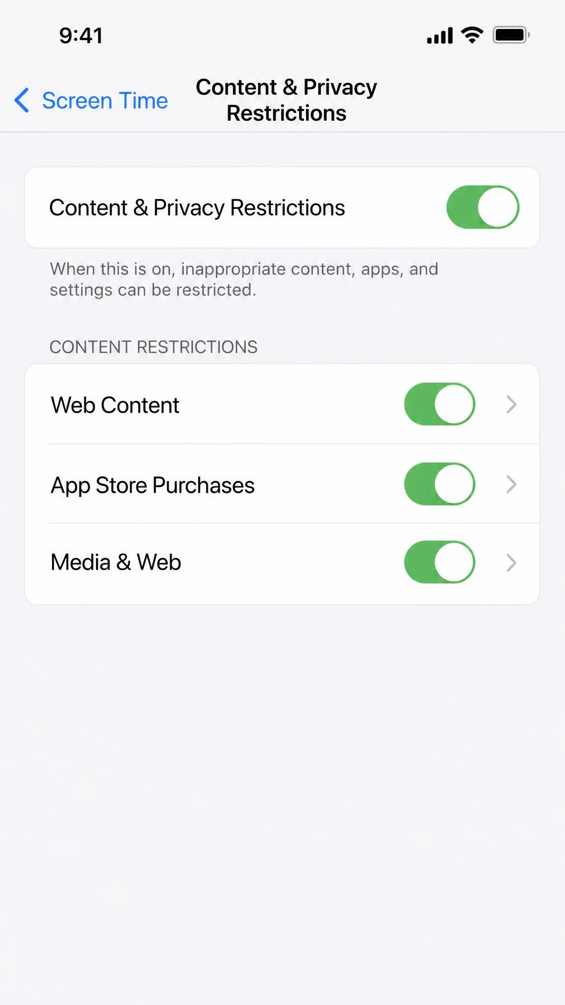 The Content & Privacy Restrictions submenu in Screen Time listing the Web Content, App Store Purchases, and Media & Web categories with toggle switches beside each one.