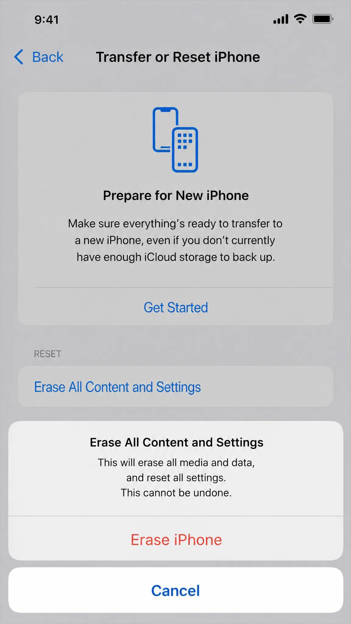 The Transfer or Reset iPhone screen showing Erase All Content and Settings with the confirmation dialog explaining that all media and data will be deleted.