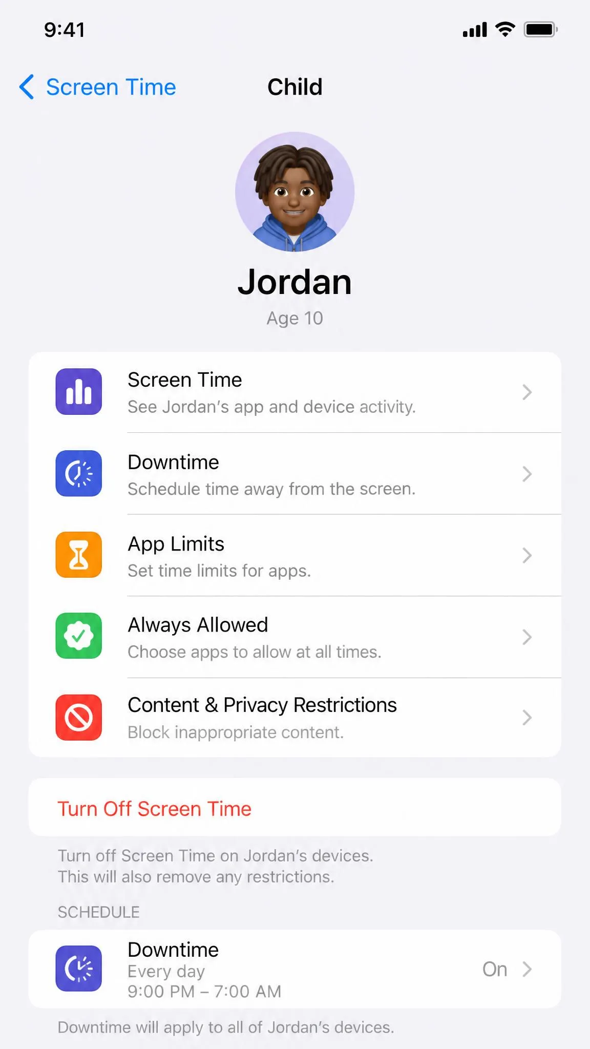The Family Sharing child management screen in Screen Time showing the child's name with the Turn Off Screen Time option and the Downtime schedule beneath it.