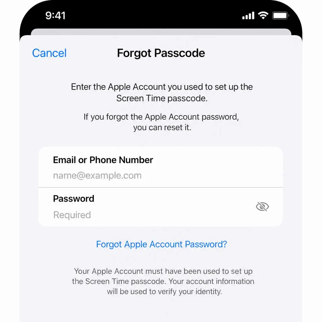 The Forgot Passcode screen in Screen Time prompting for the Apple Account email and password used when the Screen Time passcode was created.