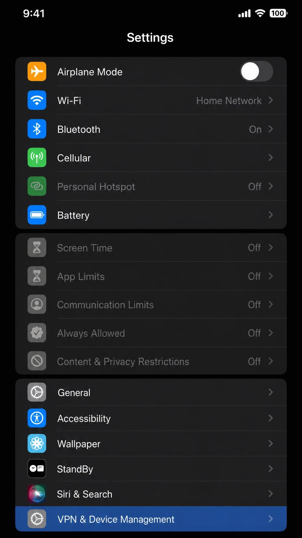 An iPhone Settings screen where the Screen Time options are grayed out, with the VPN & Device Management entry highlighted lower on the list.