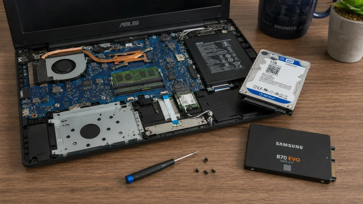 A laptop opened on a desk with the bottom panel removed, a mechanical hard drive lifted out of its bay and a replacement SATA SSD resting beside it.