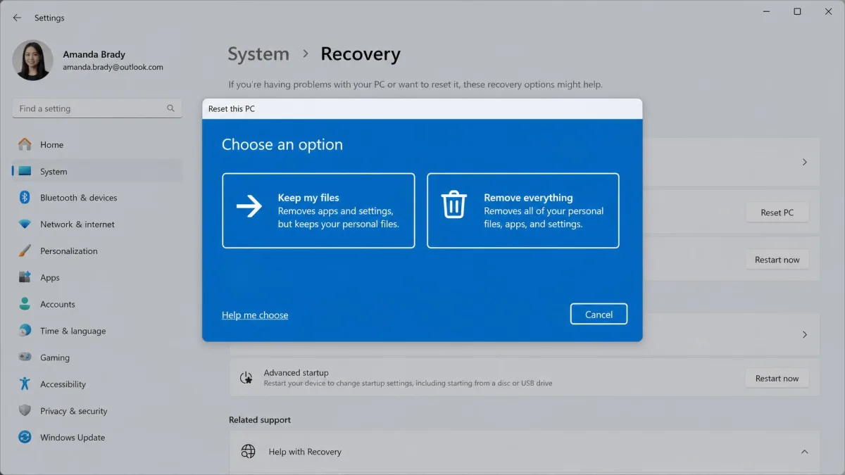 The Reset this PC dialog in Windows 11 Recovery settings showing the Keep my files and Remove everything options side by side.