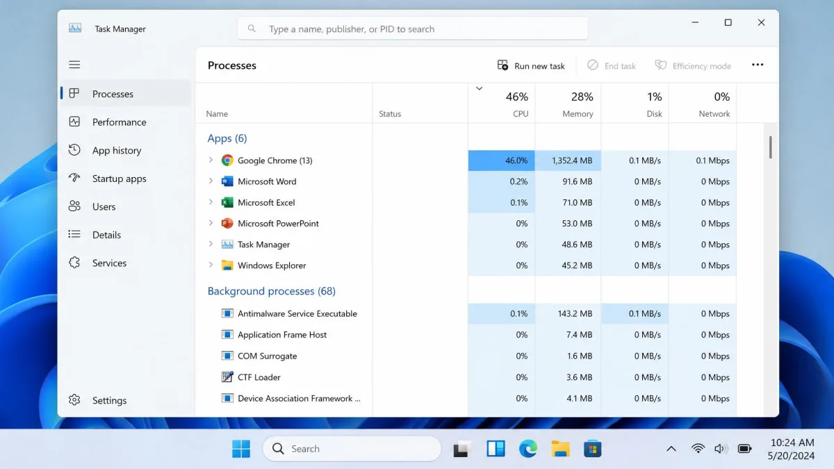 Windows 11 Task Manager on the Processes tab with the CPU column sorted highest-first, showing a browser using 46 percent CPU while other apps sit near zero.