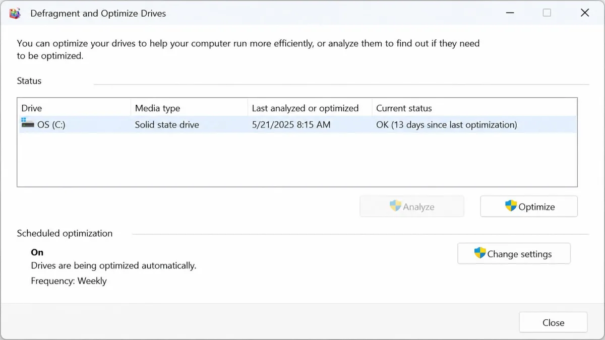 The Defragment and Optimize Drives window in Windows showing an SSD listed as a solid state drive with weekly scheduled optimization enabled and the Analyze button greyed out.
