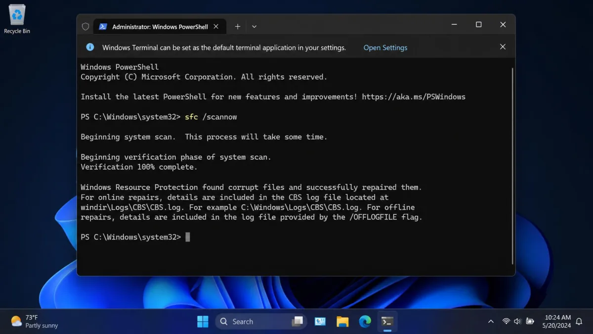 An elevated Windows Terminal window showing sfc slash scannow at 100 percent verification with a message that corrupt files were found and repaired.