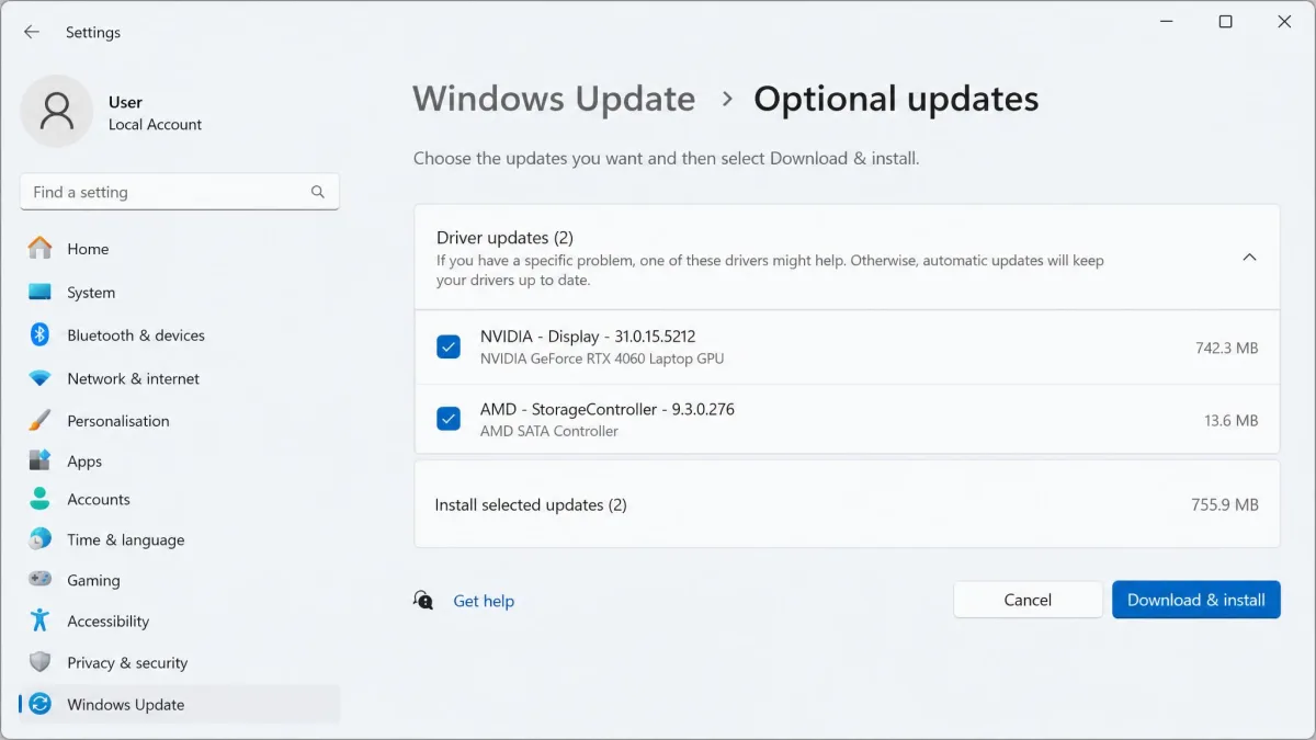 The Optional updates screen in Windows Update listing a graphics driver and a storage controller driver with their checkboxes ticked.