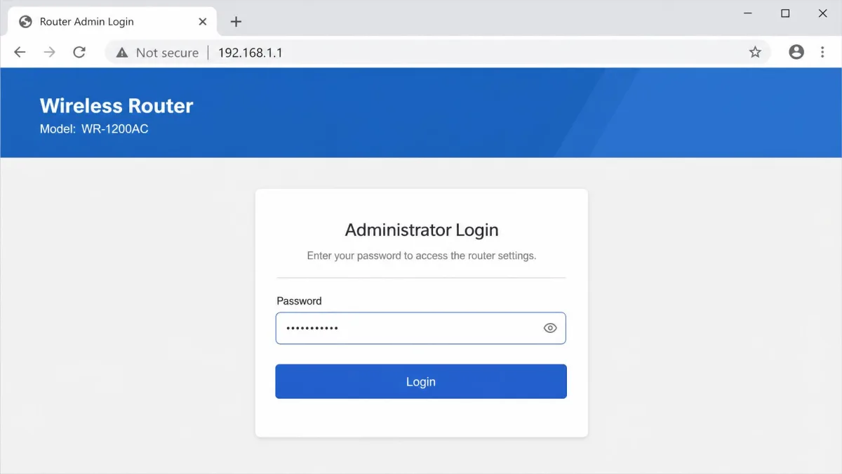A generic router admin login page with a password field and the gateway address visible in the browser bar.