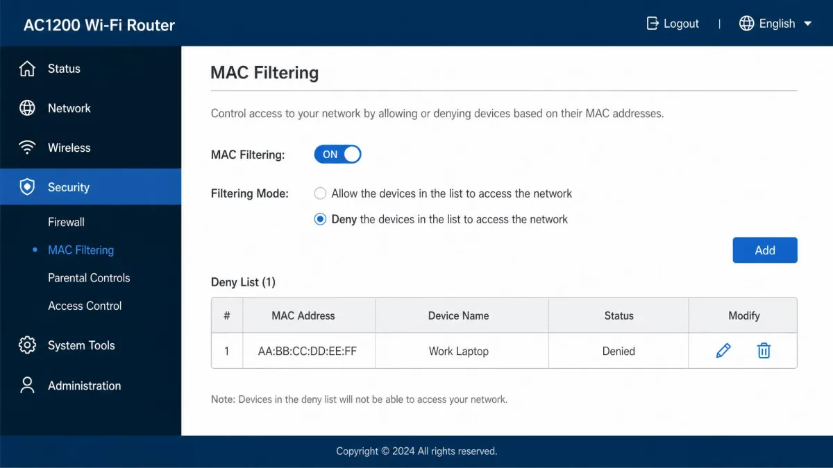 A router's MAC filtering screen with one device added to the deny list and its address shown as six two-character groups.