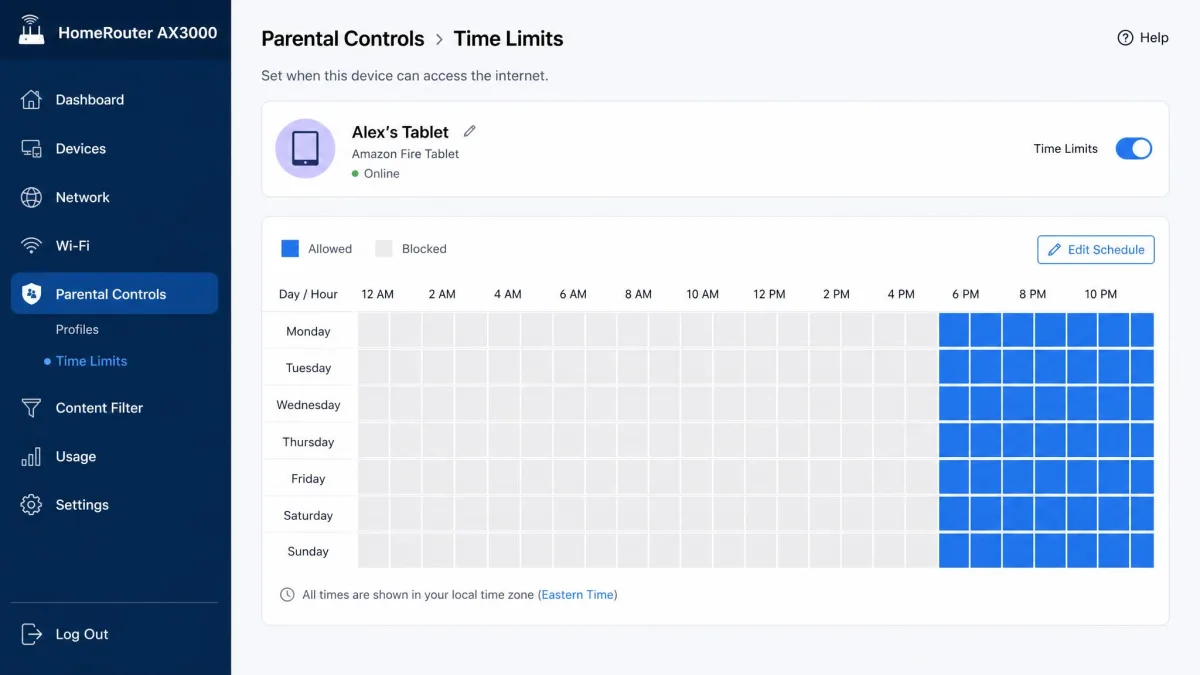 A router parental-controls screen showing a day and hour grid with evening blocks marked in blue for one child's tablet.