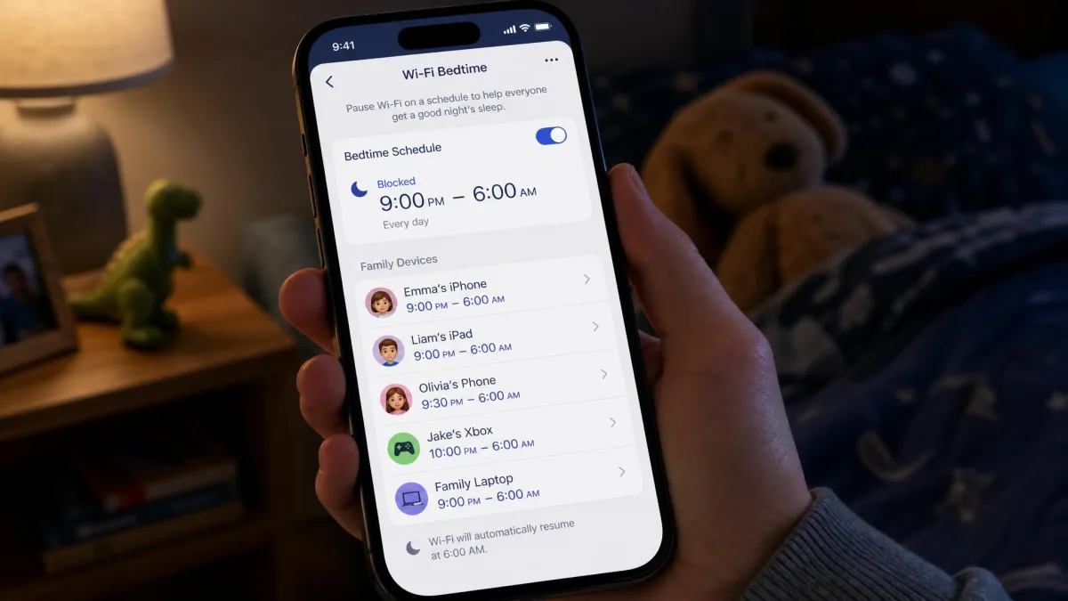 A parent's phone showing a Wi-Fi bedtime schedule with the block set from 9 PM to 6 AM and each family device listed with its own hours.