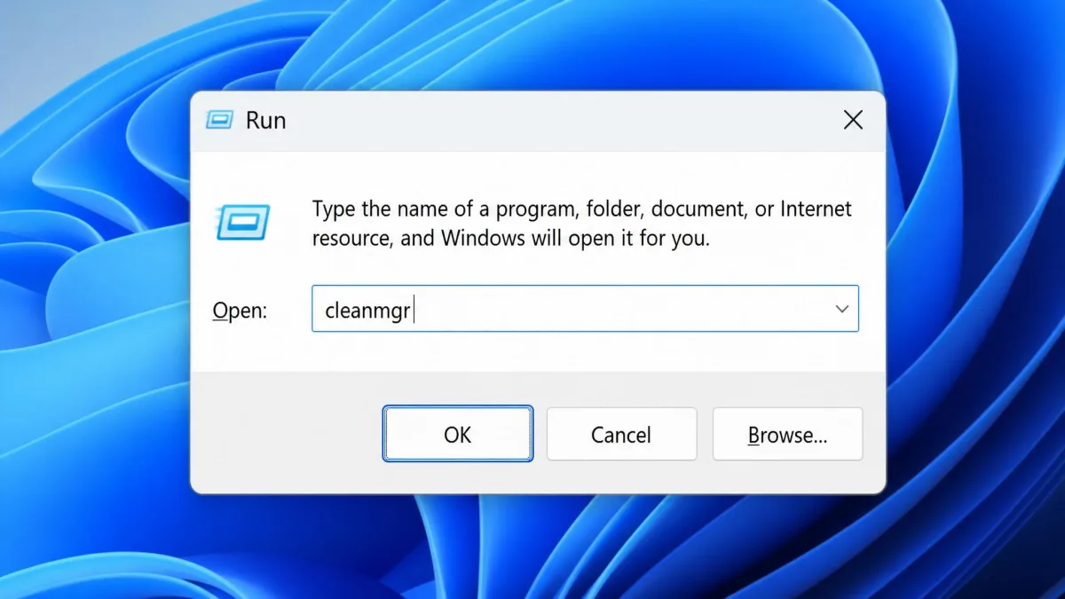 The Windows Run dialog box with the command cleanmgr typed into the Open field and the OK button ready to be selected.