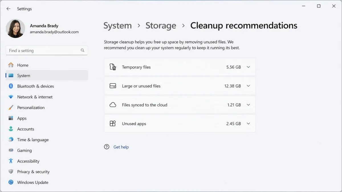 The Cleanup recommendations page in Windows 11 Settings showing the four collapsed groups, Temporary files, Large or unused files, Files synced to the cloud and Unused apps, each with its own size total.