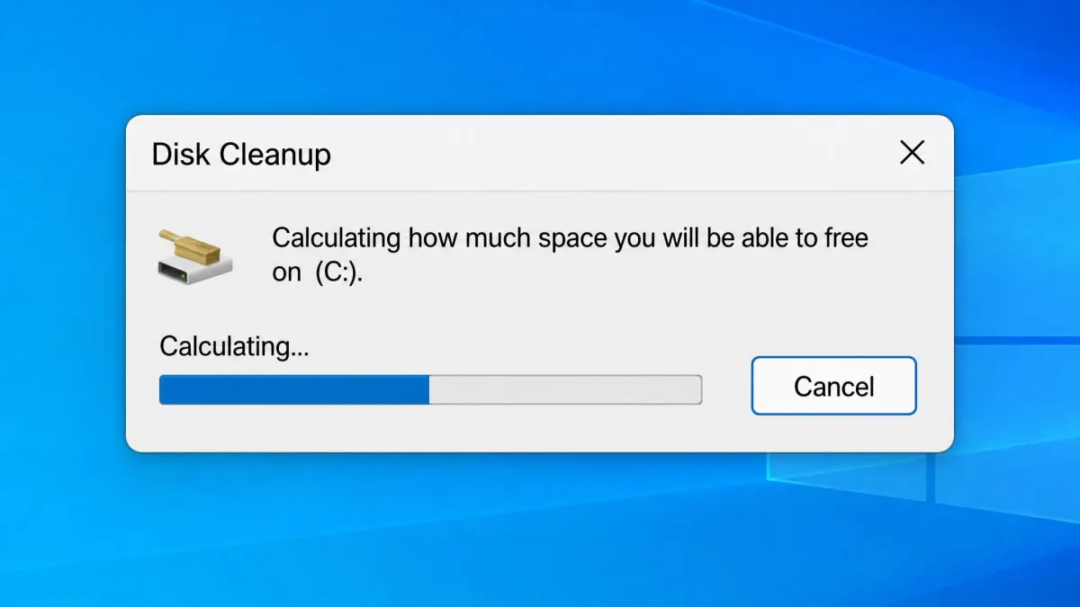The Disk Cleanup progress window reading "Calculating how much space you will be able to free on (C:)" with a partly filled blue progress bar and a Cancel button.