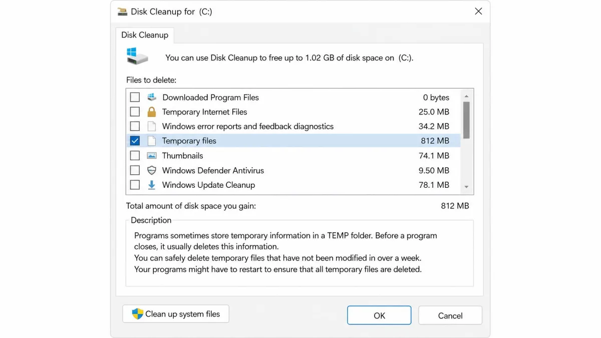 The Disk Cleanup file list with Temporary files selected, showing the size in megabytes beside each category and the description pane at the bottom explaining what that category contains.