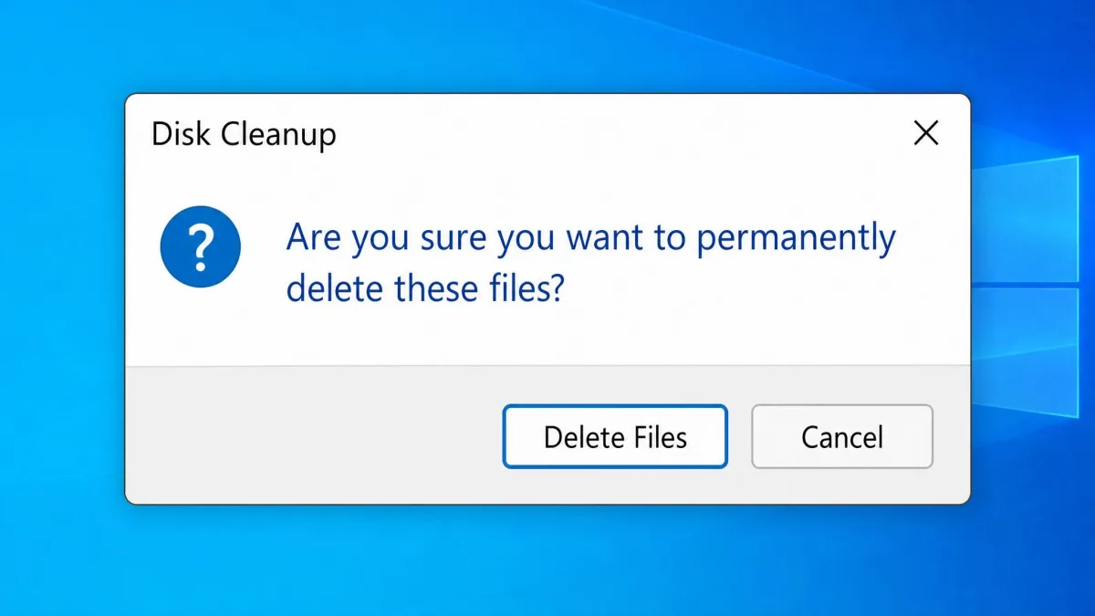 The Disk Cleanup confirmation dialog asking "Are you sure you want to permanently delete these files?" with Delete Files and Cancel buttons.