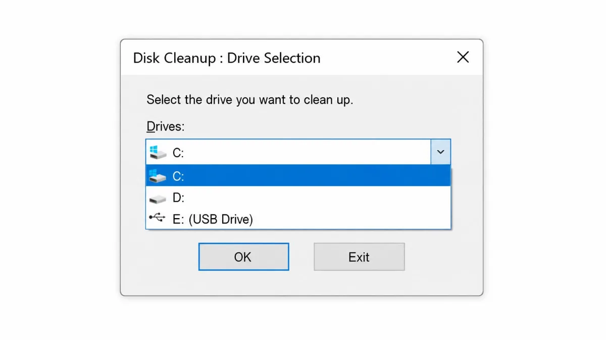 The small Disk Cleanup drive selection window with a dropdown list showing C:, D: and an external USB drive, and OK and Exit buttons underneath.