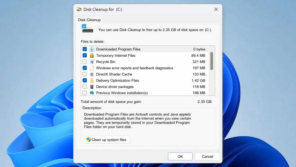 The Disk Cleanup dialog on Windows 11 for drive C:, showing the scrollable list of tick-box categories with their sizes, the total amount of space gained at the top, and the Clean up system files button at the bottom left.