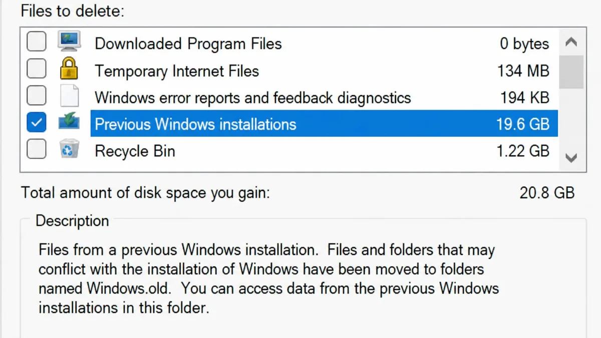 A close-up of the Disk Cleanup list with the Previous Windows installations row highlighted, showing a size of roughly 20 GB and its description pane below.