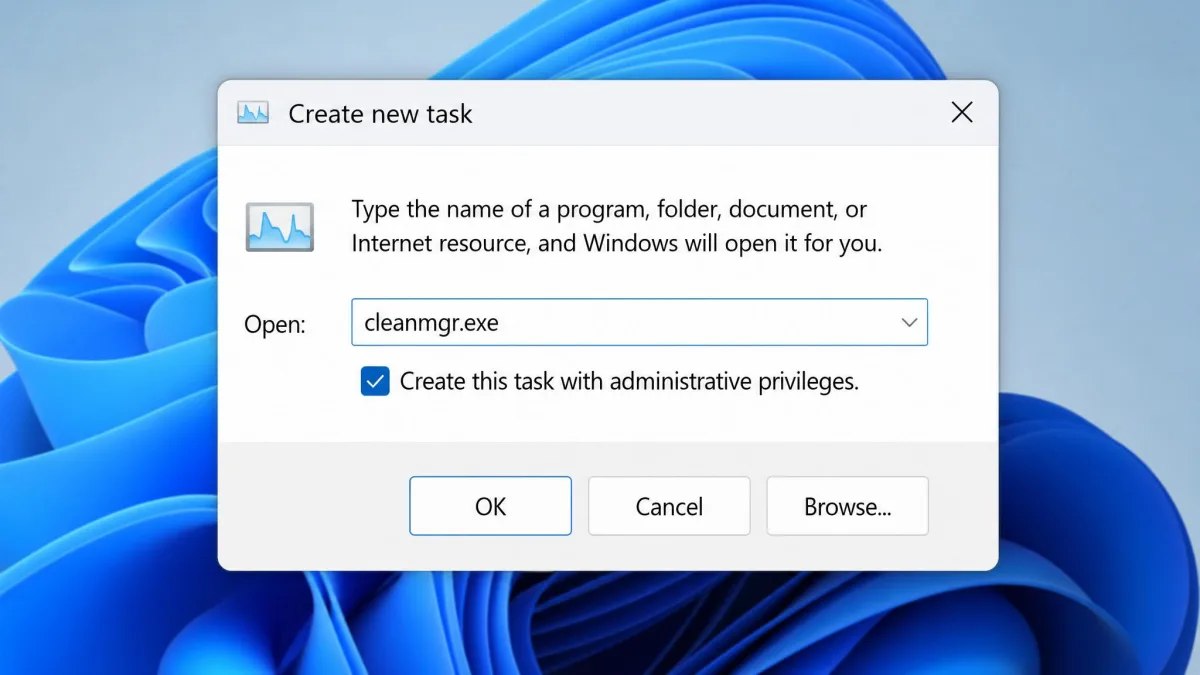 The Task Manager "Create new task" box on Windows 11 with cleanmgr.exe typed in the Open field and the administrative privileges checkbox ticked below it.