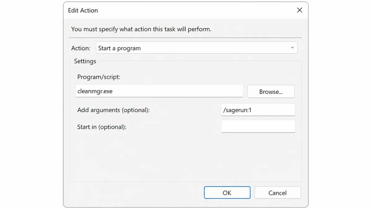 The Task Scheduler Edit Action dialog with cleanmgr.exe entered in the Program/script field and /sagerun:1 entered in the Add arguments field.
